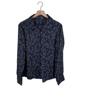 Lulus Navy Blue Floral Print Button Down Shirt Blouse Women's Size XL